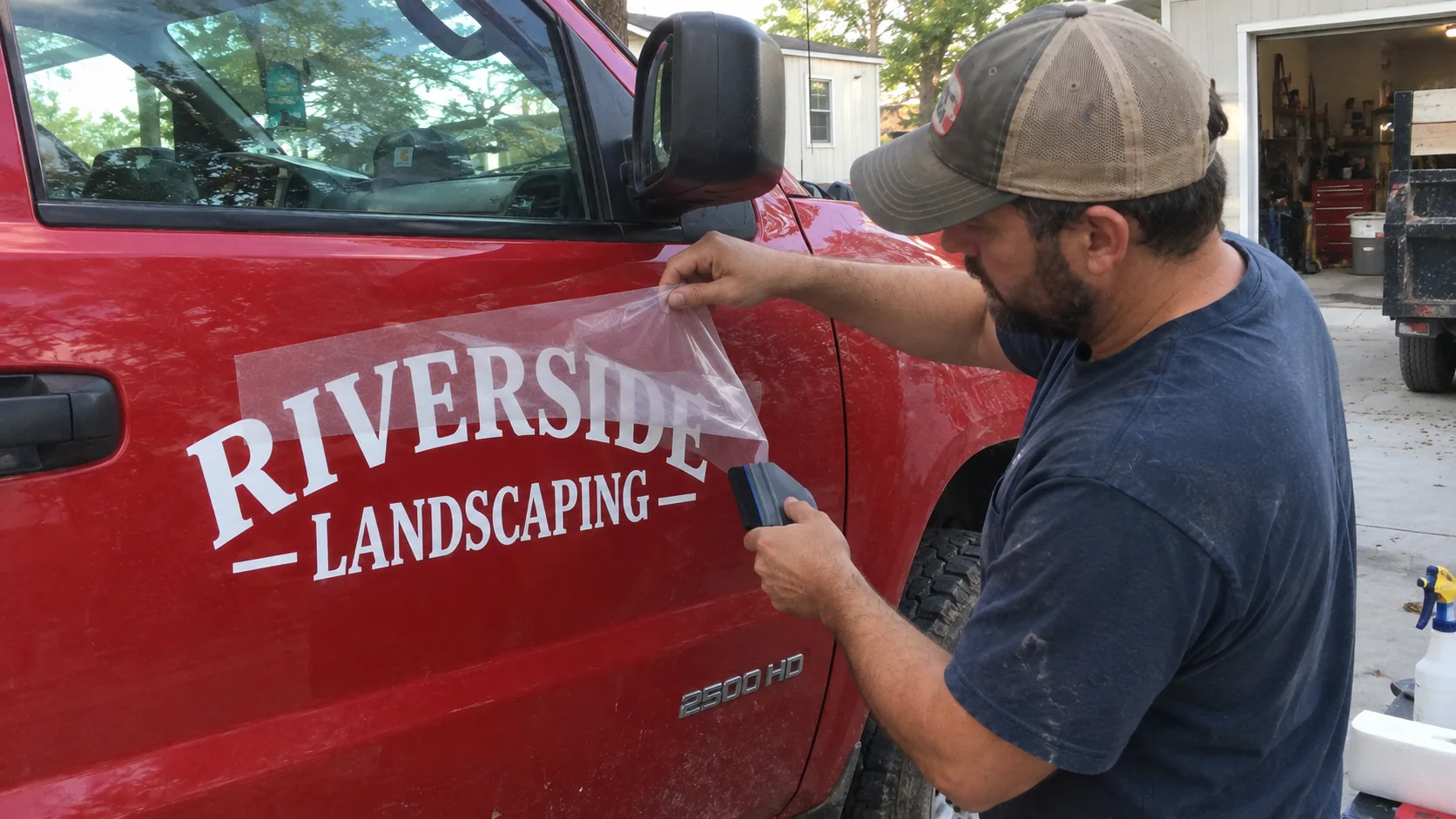 Illustration of a person applying white Riverside Landscaping vinyl lettering to a red pickup