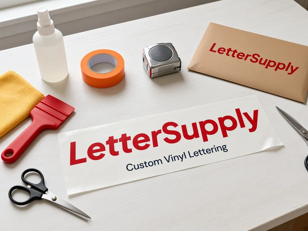 Lettering with transfer tape, a squeegee, tape measure, painter’s tape, scissors and a cloth
