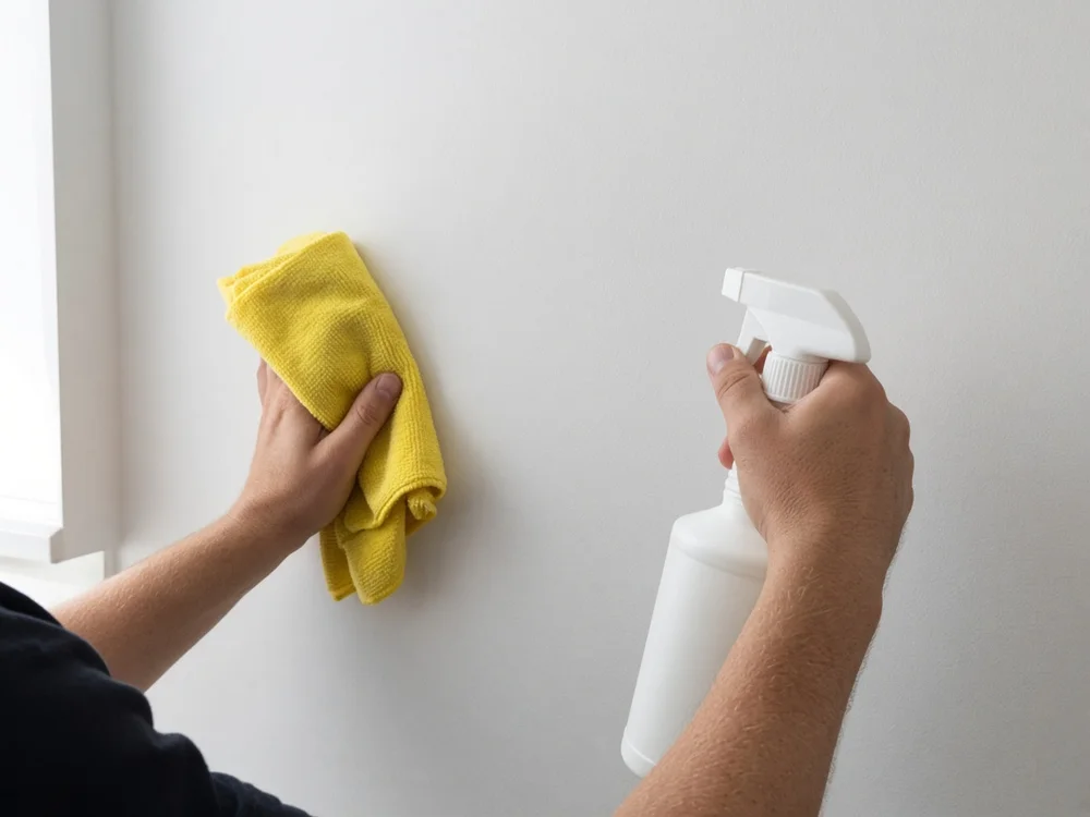 Hands cleaning a smooth white surface with a spray bottle and lint-free cloth