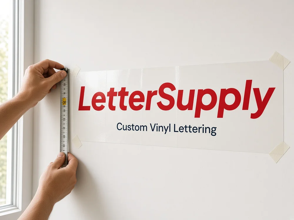 LetterSupply lettering positioned with tape while its alignment is measured