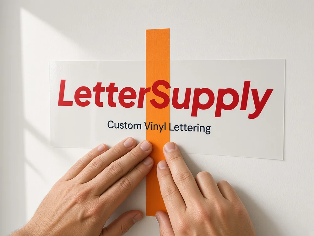 Hands pressing a vertical strip of tape through the center of the lettering