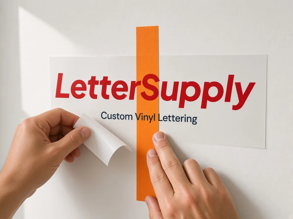 Paper backing peeled away from one half of the lettering at the center hinge