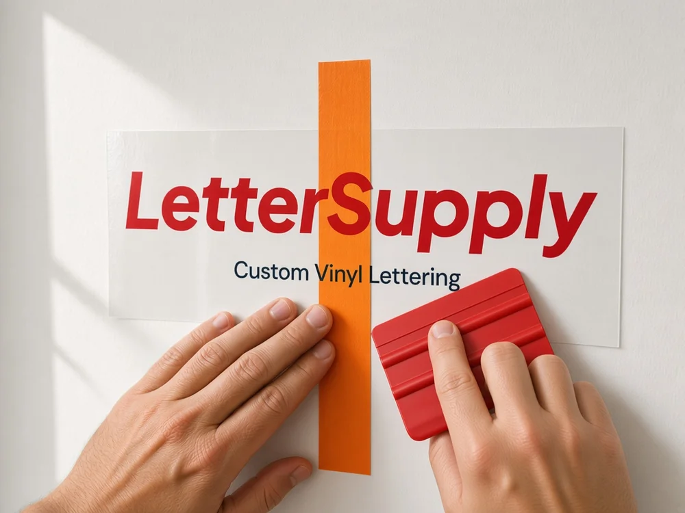 A red squeegee pressing the lettering outward from the center hinge