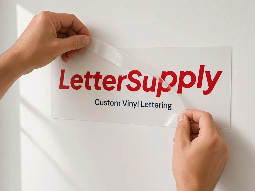 Transfer tape peeled back to reveal the applied red LetterSupply lettering