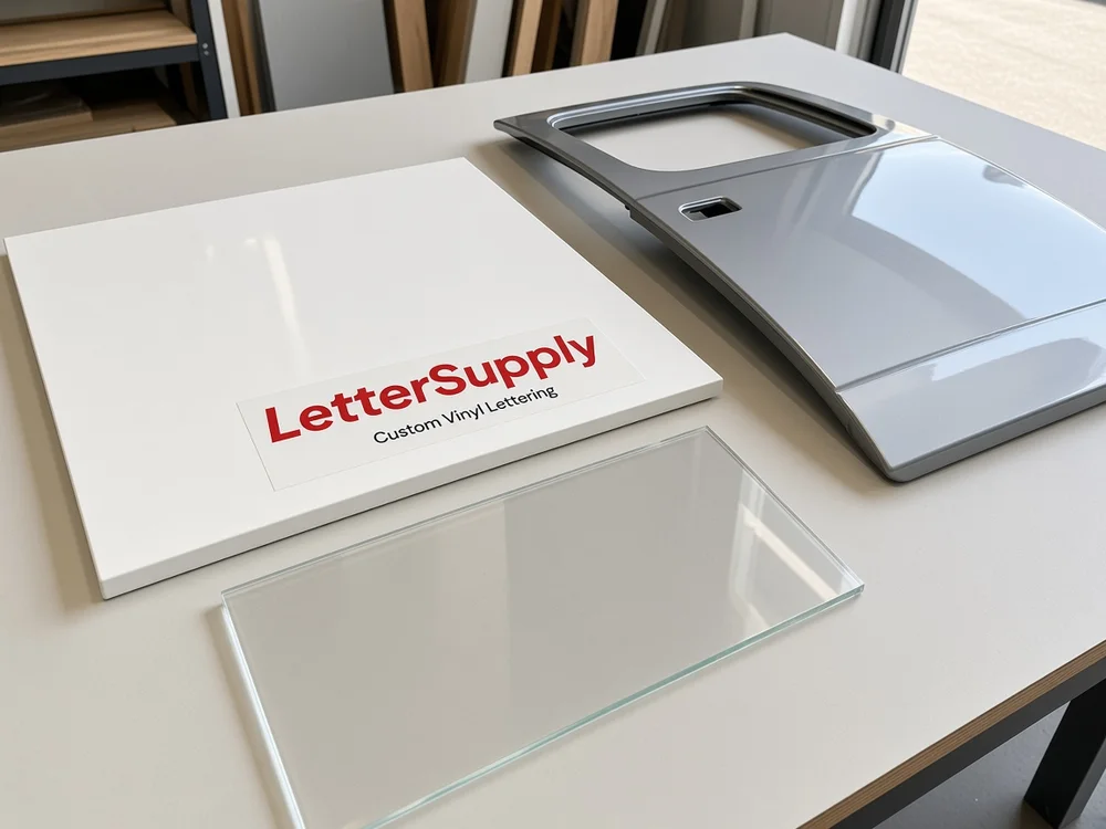 Glass and smooth painted panels used to illustrate suitable lettering surfaces