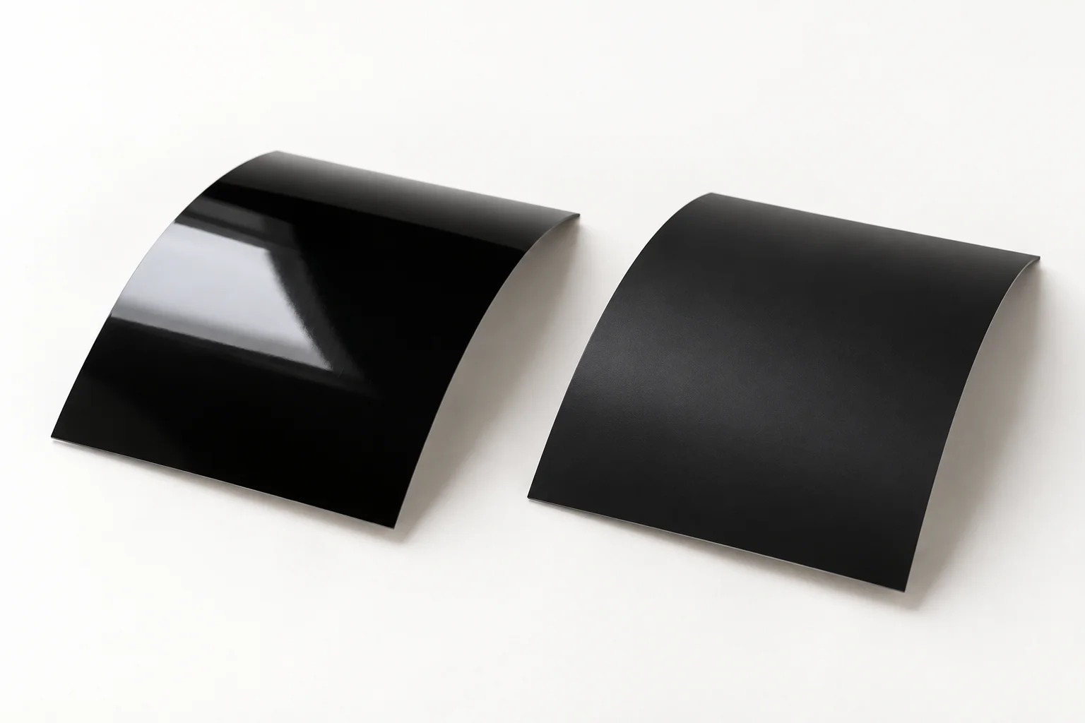 Gloss black vinyl on the left reflecting light beside matte black vinyl on the right