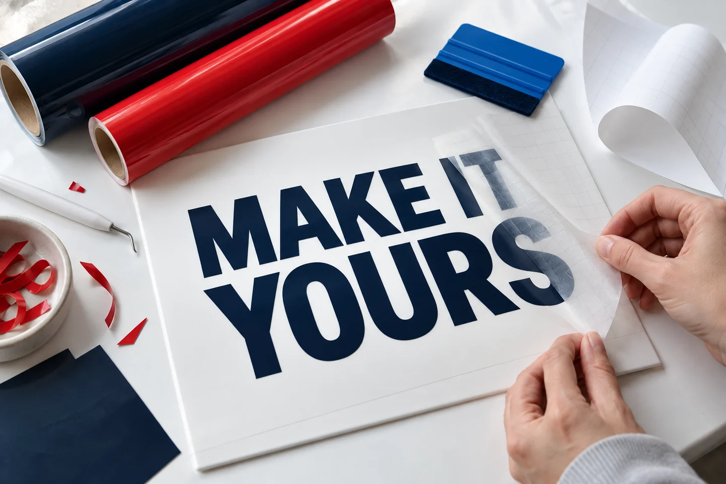 Illustration of navy vinyl lettering on transfer paper, with red and blue vinyl rolls on a bright workbench