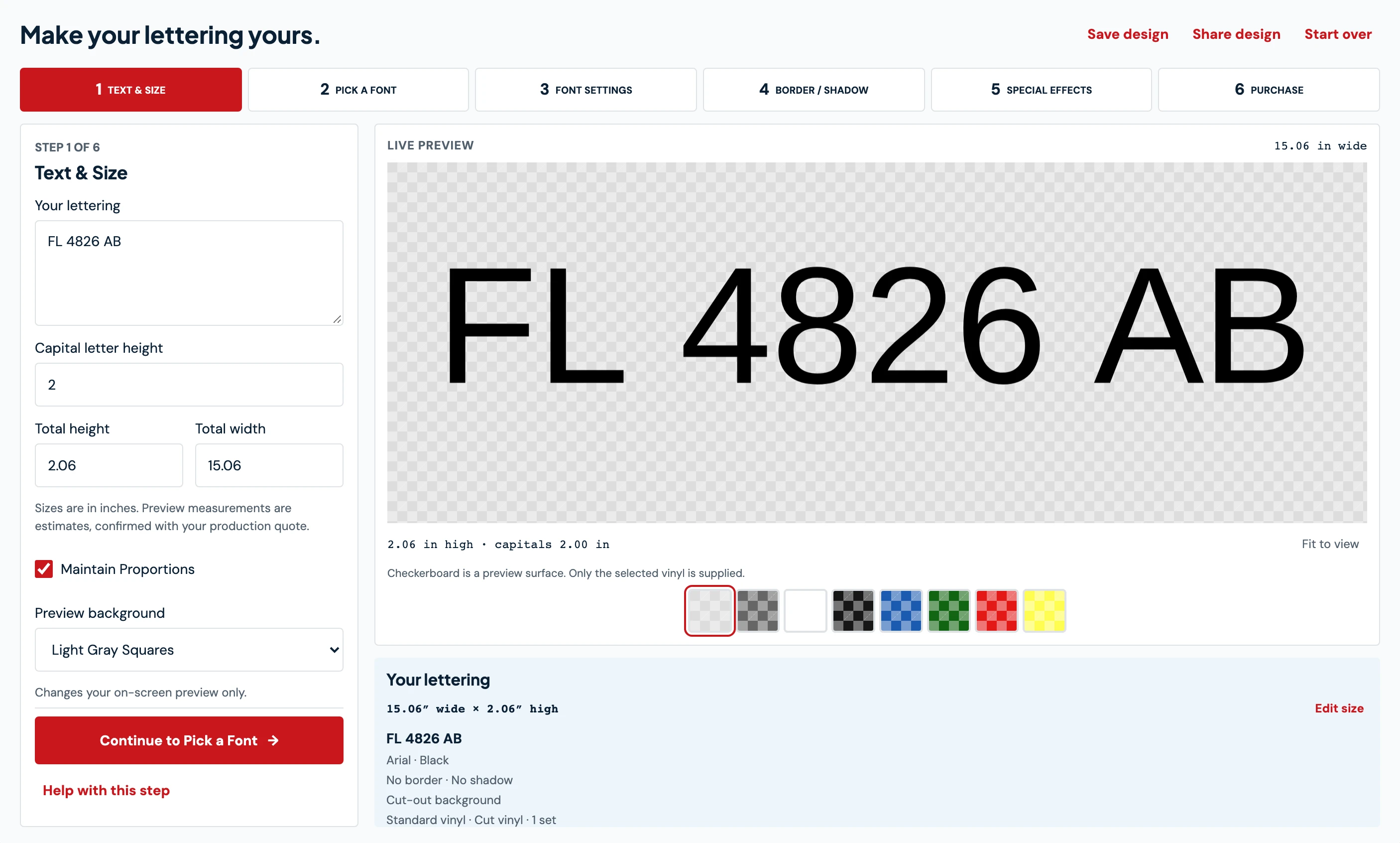 Screenshot of the LetterSupply design tool previewing FL 4826 AB boat numbers