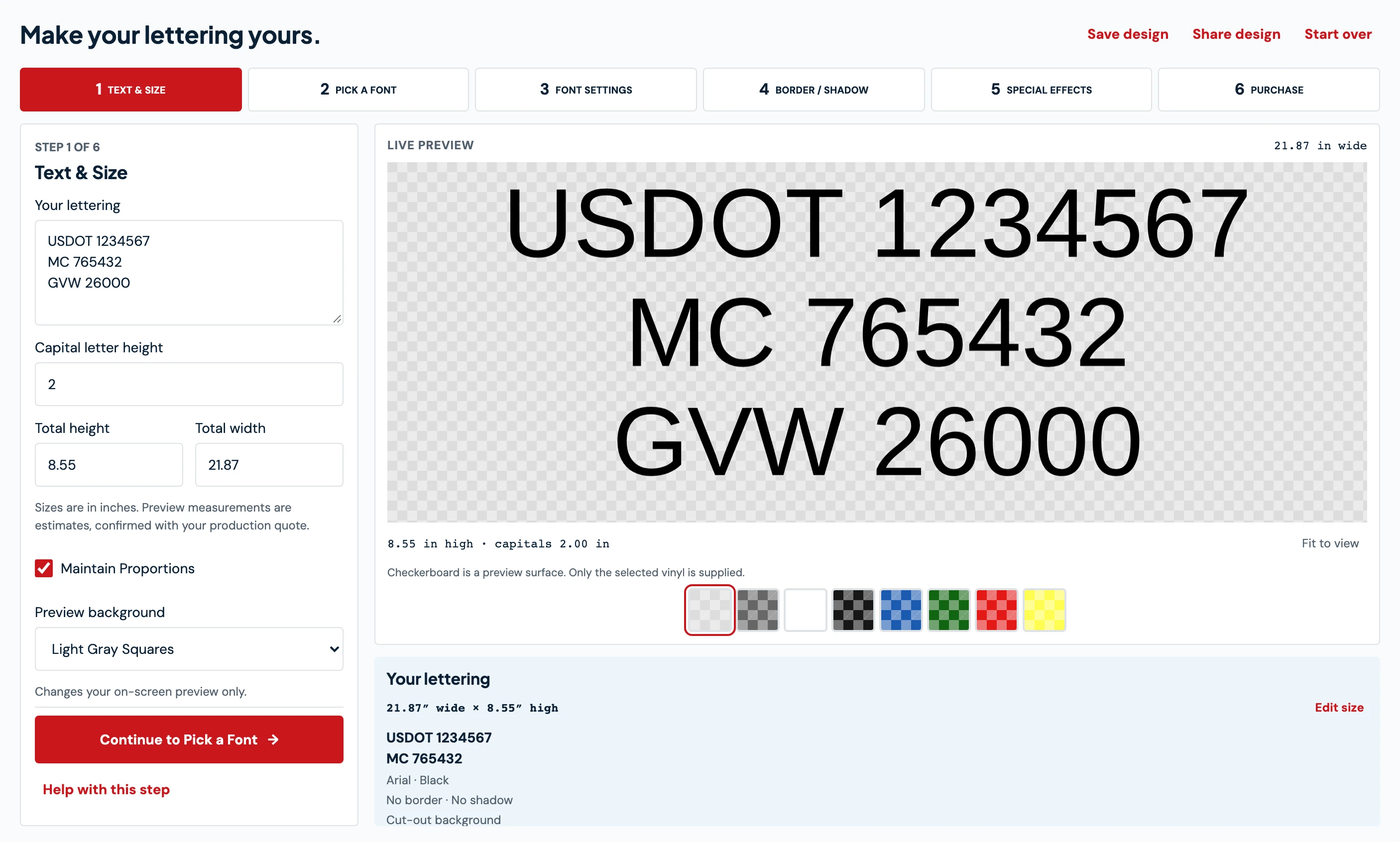 Screenshot of the LetterSupply design tool previewing USDOT 1234567 DOT numbers