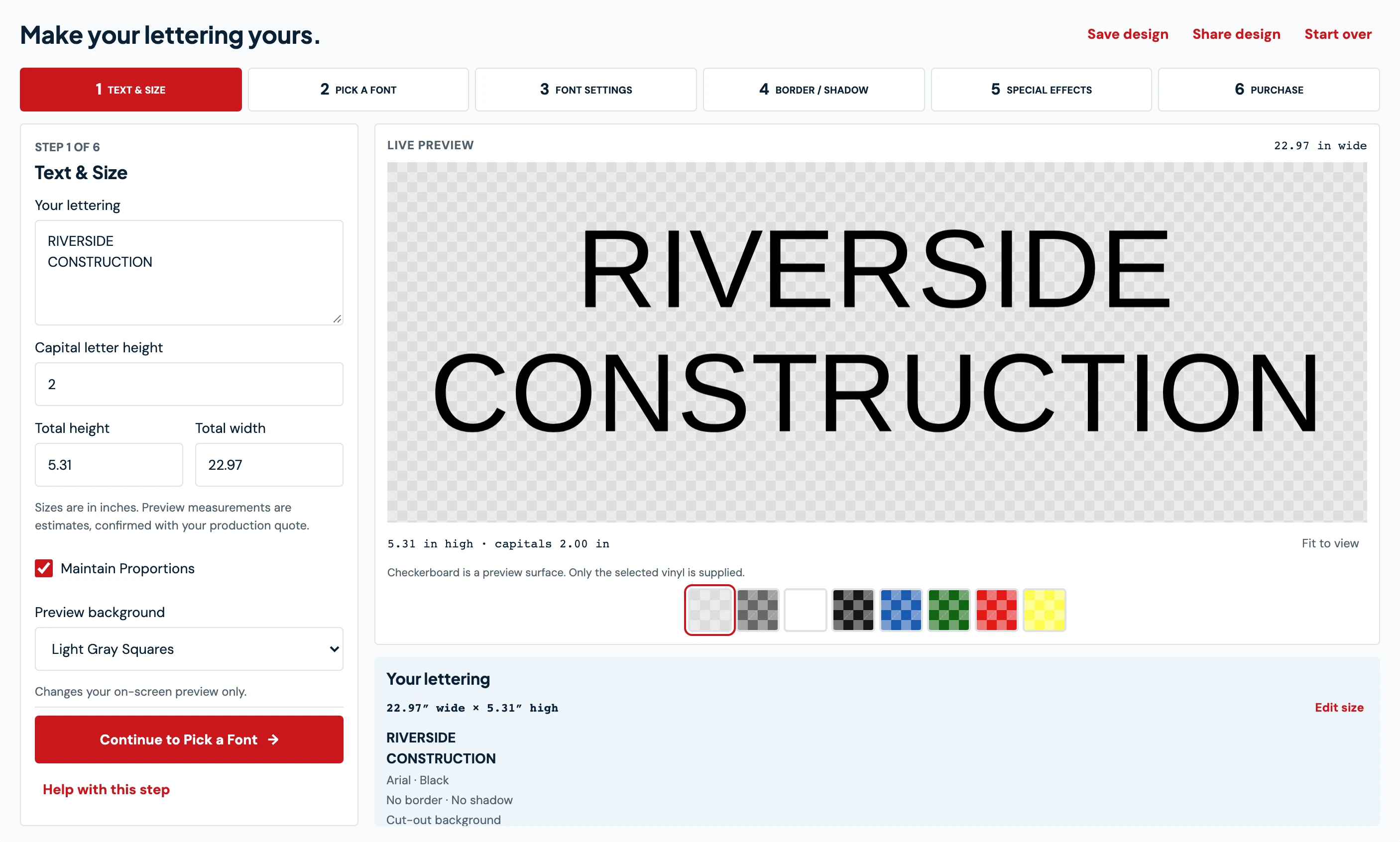 Screenshot of the LetterSupply design tool previewing RIVERSIDE CONSTRUCTION trailer lettering