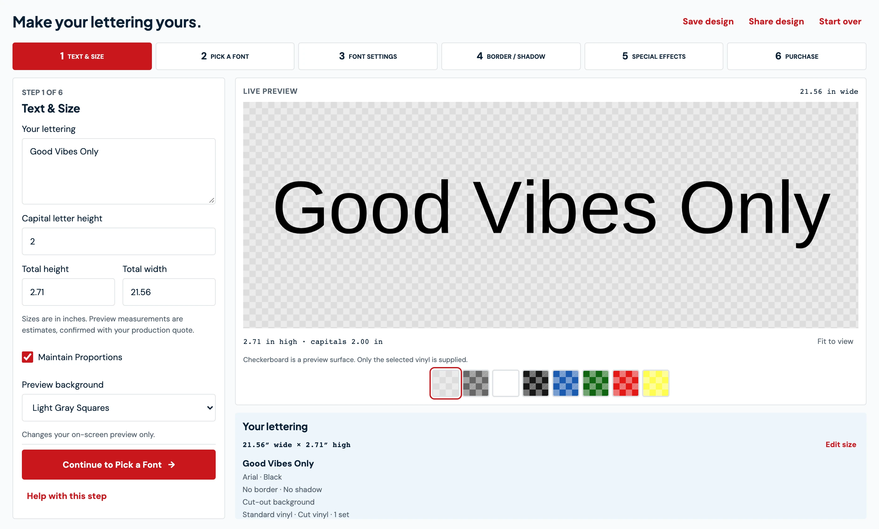 Screenshot of the LetterSupply design tool previewing Good Vibes Only wall lettering
