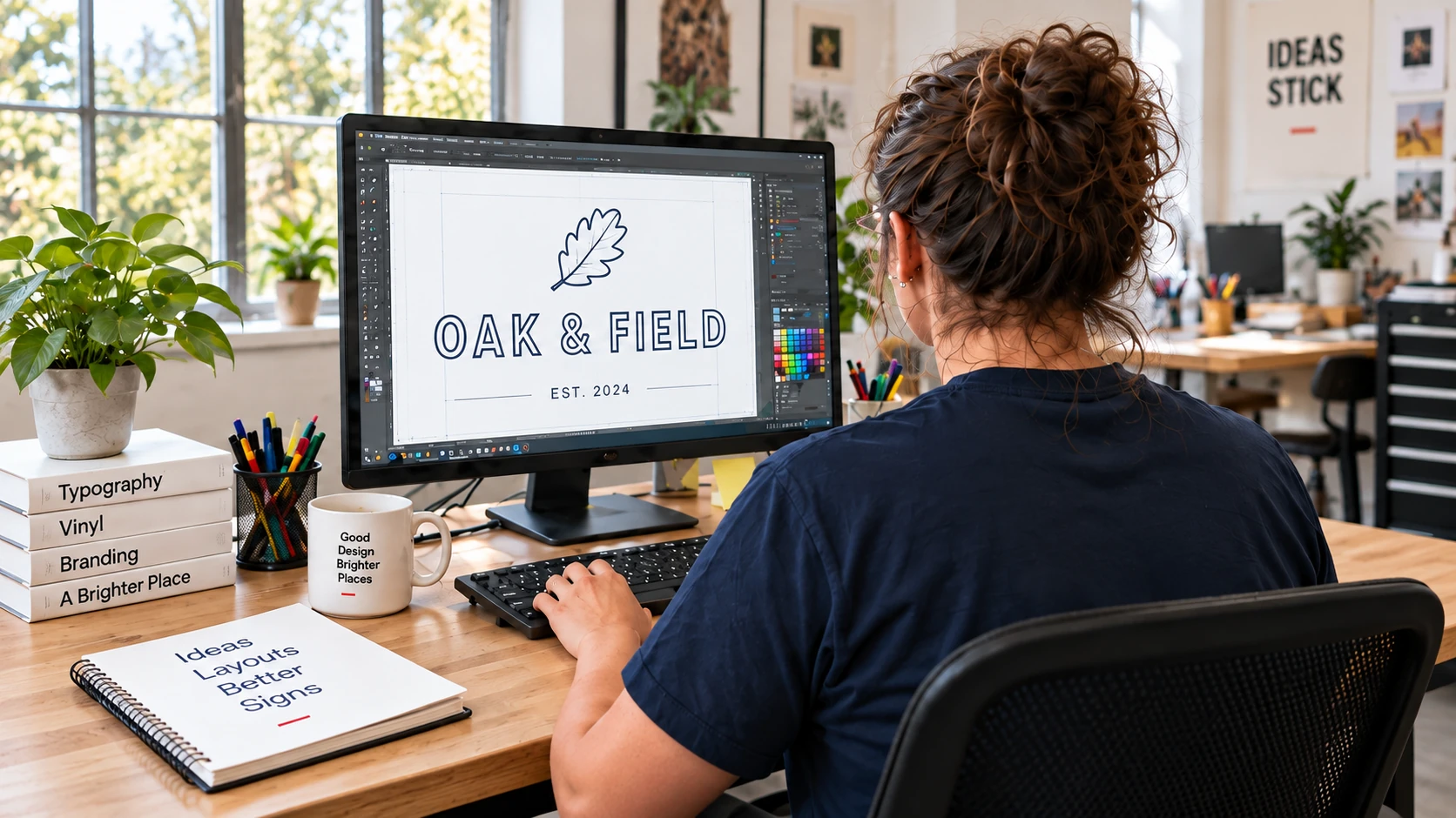 Designer working on lettering, illustrative studio scene