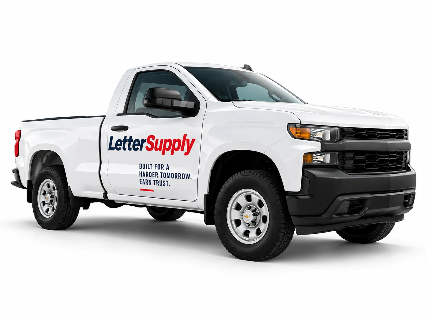 White truck with LetterSupply door lettering, illustrative scene