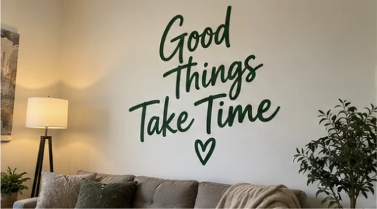 Good Things Take Time wall lettering